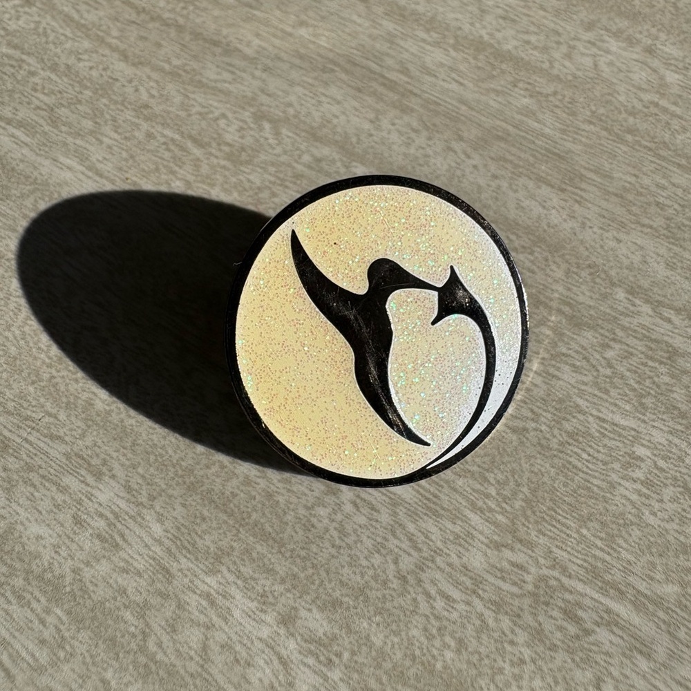 Round Glittery Pin with Black Bird Design